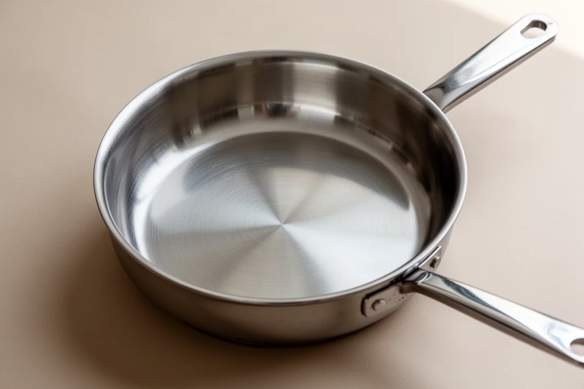 Clean uninterrupted interior of a stainless steel pan showing the rivetless welded handle