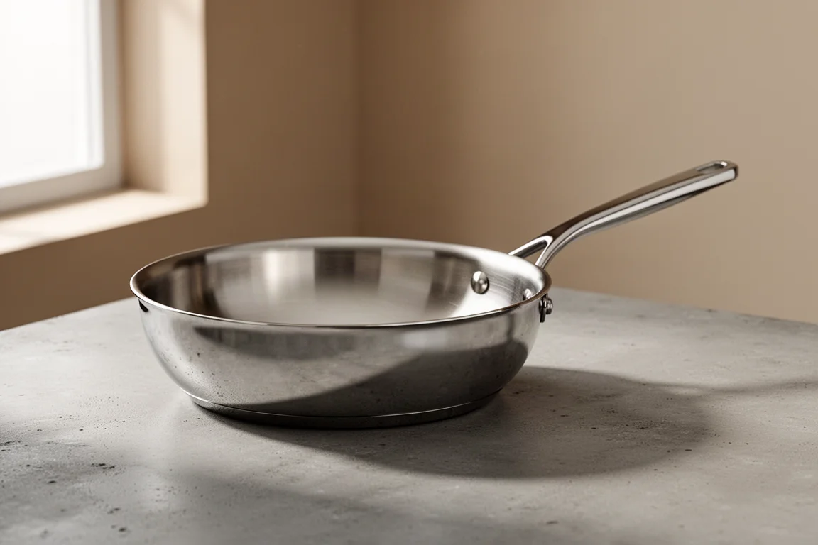 Premium stainless steel fry pan with rivetless handle on a concrete surface