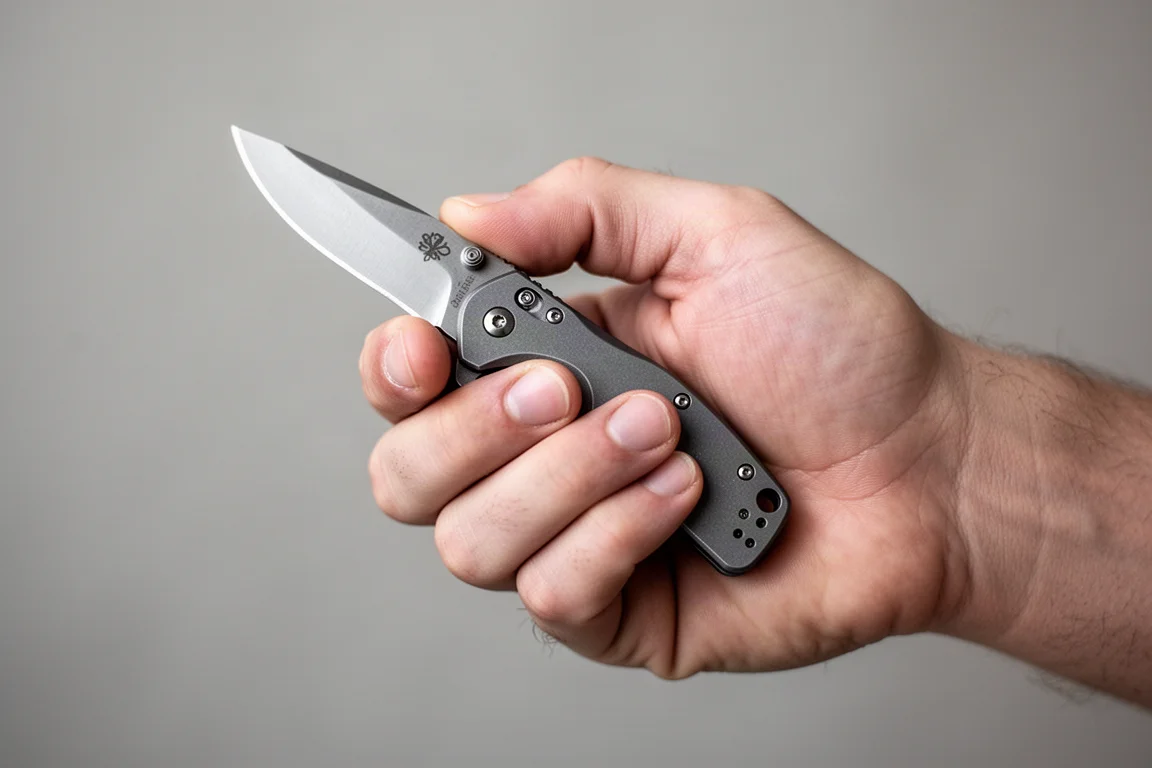 Coltello pieghevole compatto impugnato con quattro dita su sfondo neutro