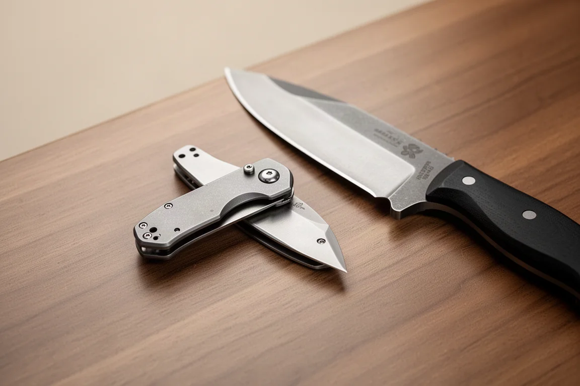 Coltello pieghevole compatto appoggiato su una scrivania in legno accanto a una lama fissa più grande