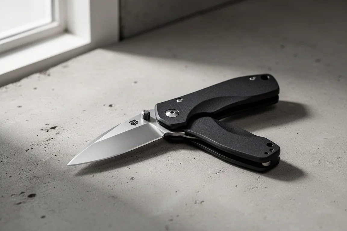 Compact folding knife with satin blade and black handle on concrete surface