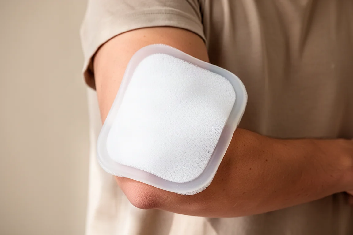 Dressing applied around an elbow, conforming to the joint