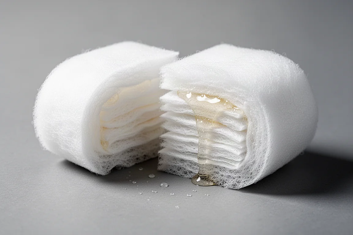 Close-up of a thick layered foam dressing cut in half showing absorbed liquid
