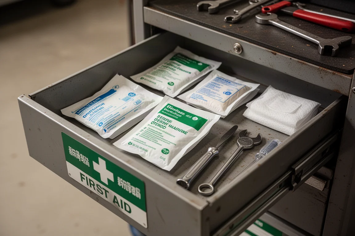 Sterile dressing packets stored in a workshop first aid drawer