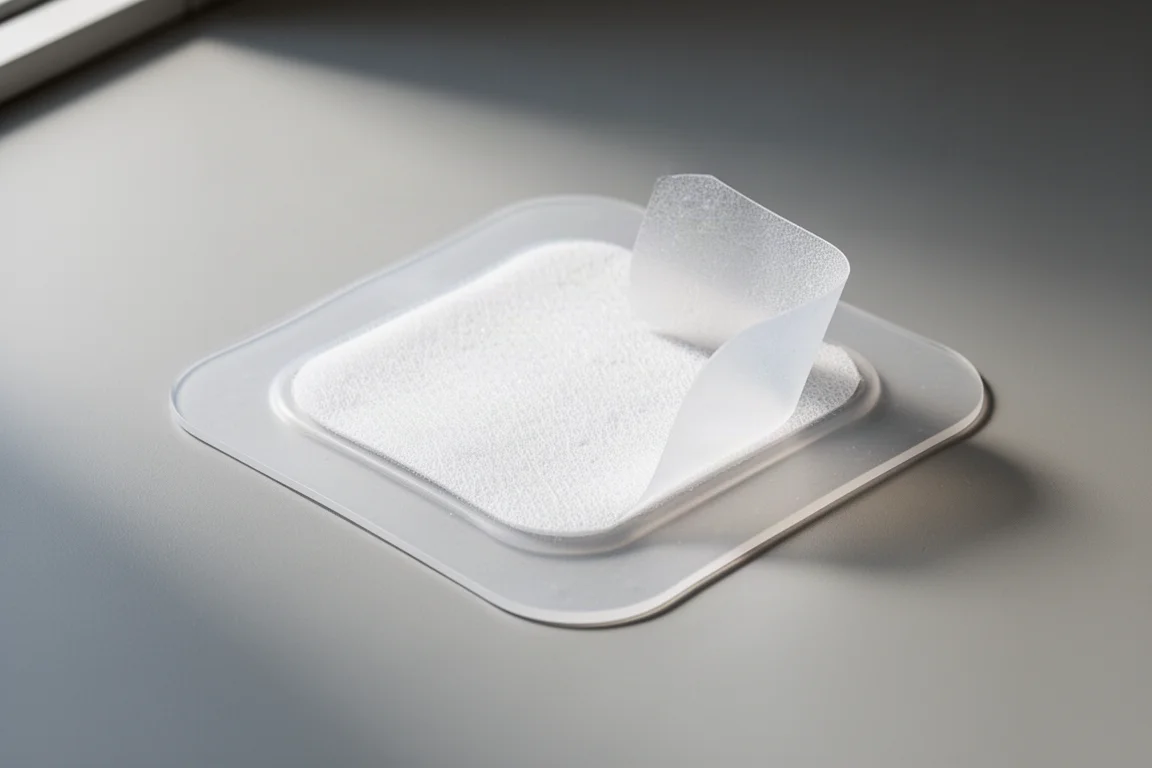 Square silicone foam wound dressing with border on a light grey surface