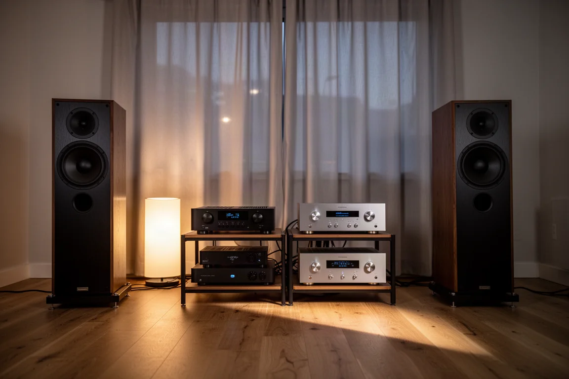 黄昏时分安静的 hi-fi 试听室,摆放着落地音箱与器材架