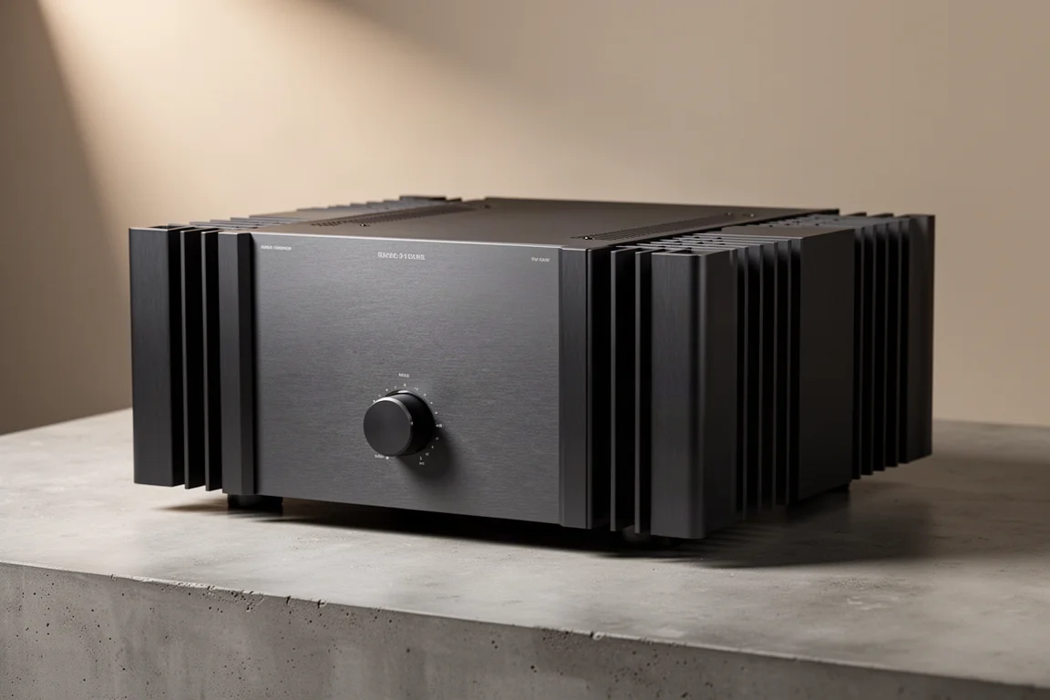 Large graphite aluminium stereo power amplifier with side heat sinks on a concrete surface
