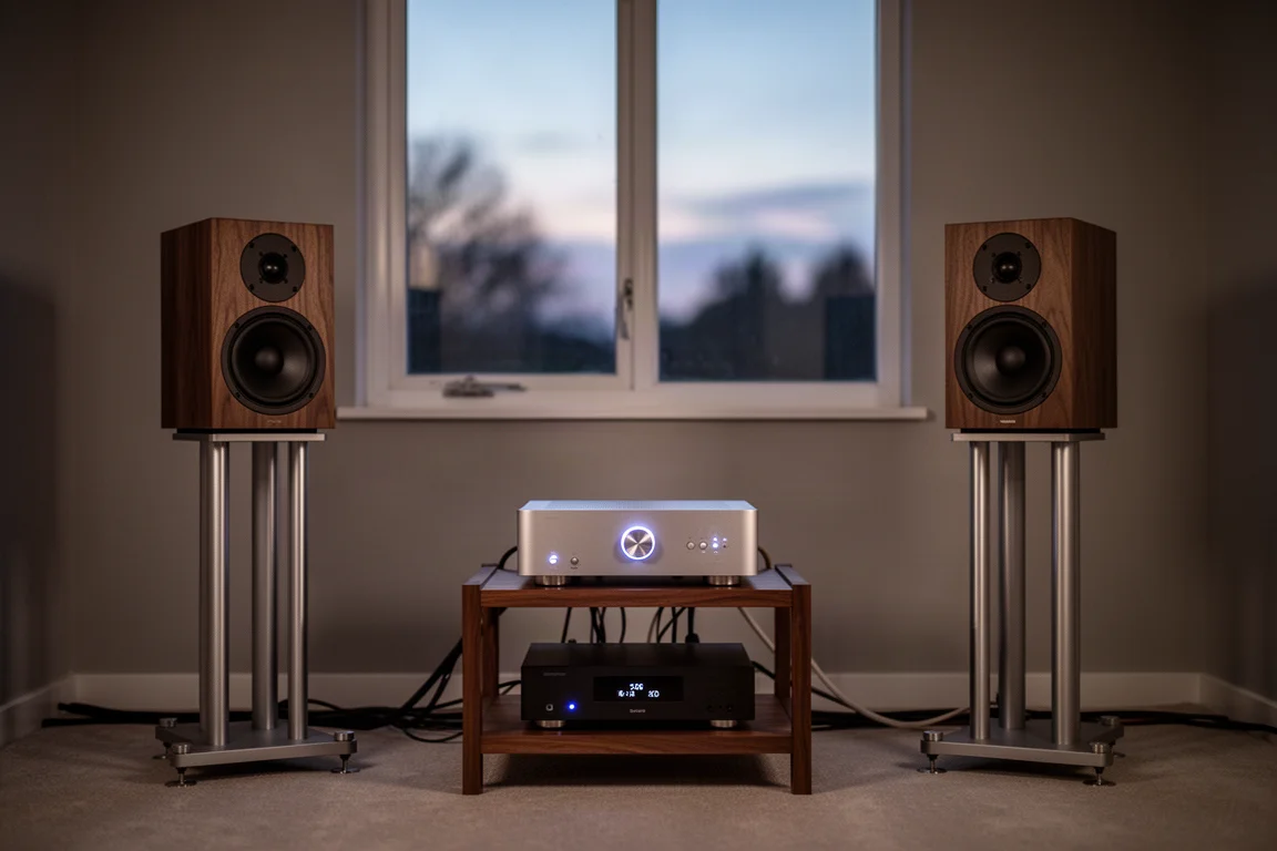 Listening room at dusk with standmount speakers on stands and a softly lit amplifier