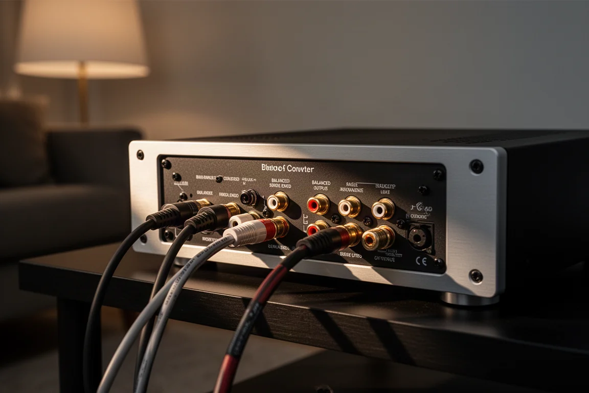 Rear panel of a desktop DAC with connected cables in warm low light