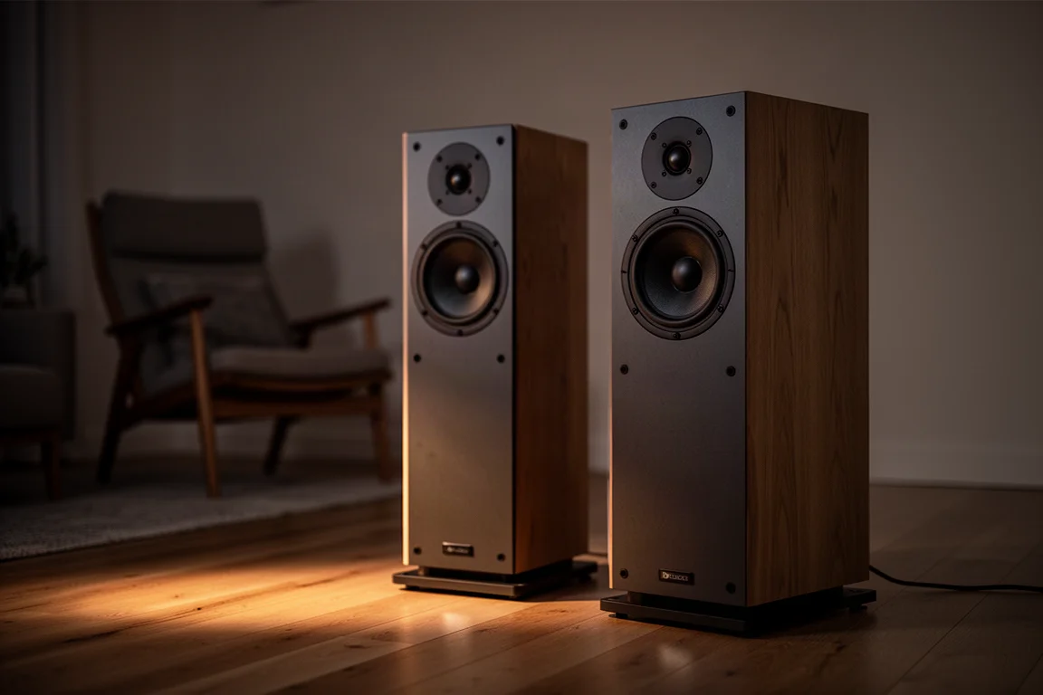 Floorstanding speakers in a dimly lit living room with warm floor reflections