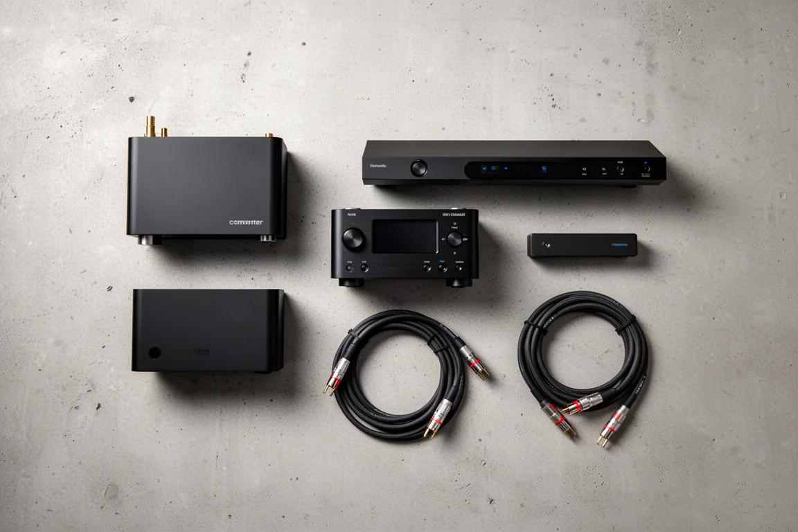 Overhead flat-lay of a compact desktop hi-fi system on concrete