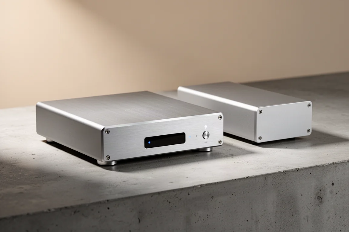 Two desktop DAC units side by side on a concrete surface in soft studio light