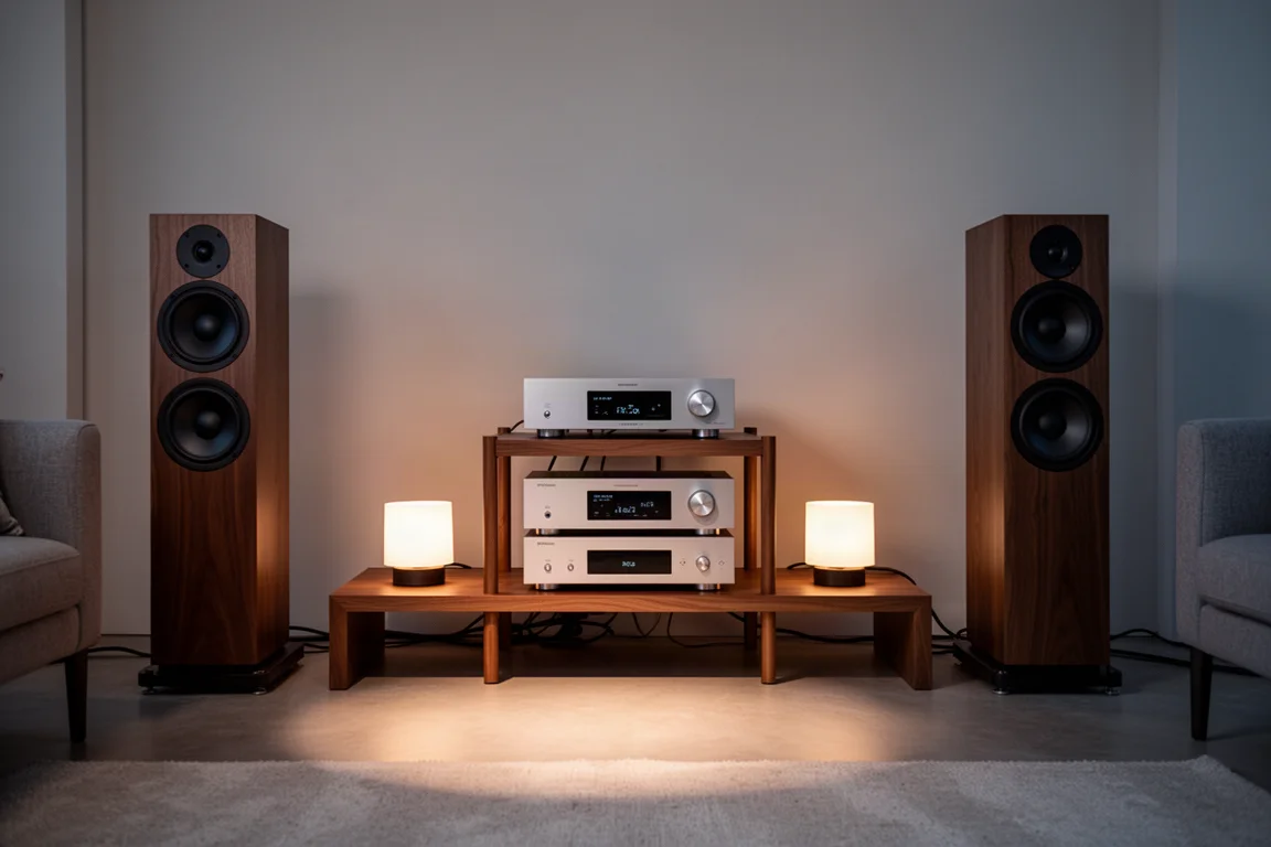 Rack de hi-fi com conversor, amplificador e caixas em luz quente de fim de tarde