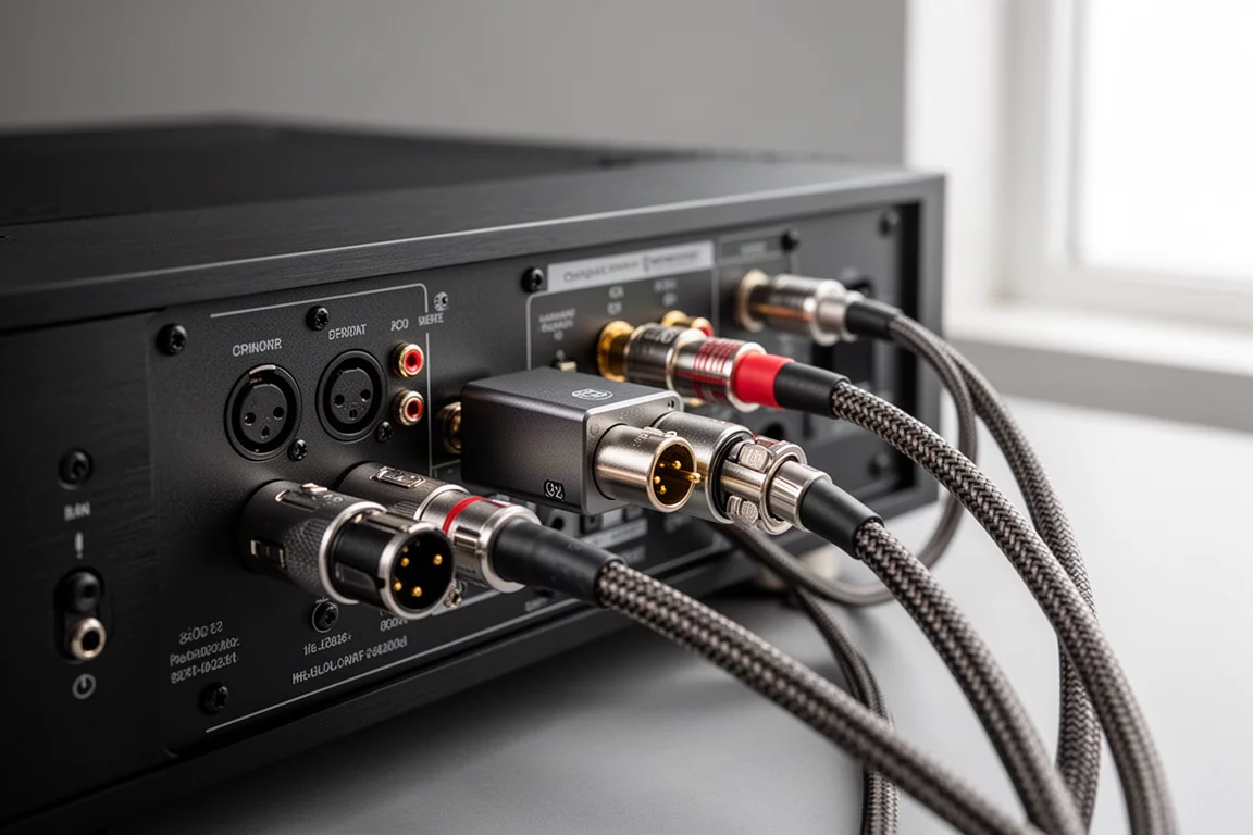 Cabos balanceados XLR e RCA ligando um conversor a um amplificador