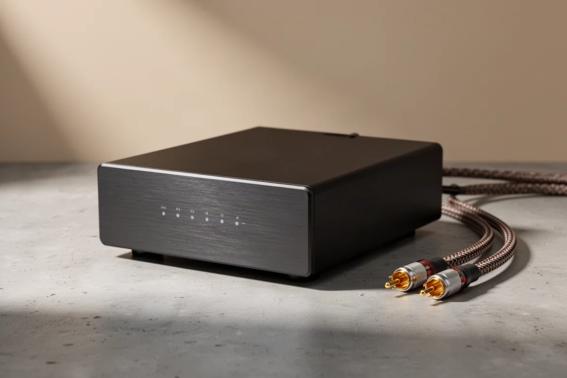 Compact hi-fi DAC with a dark brushed aluminium chassis on a concrete surface