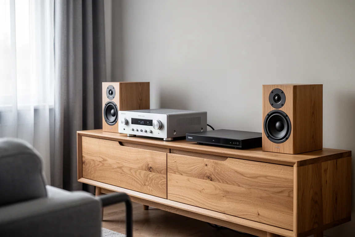 Compact hi-fi system with an amplifier and standmount speakers on an oak sideboard in daylight
