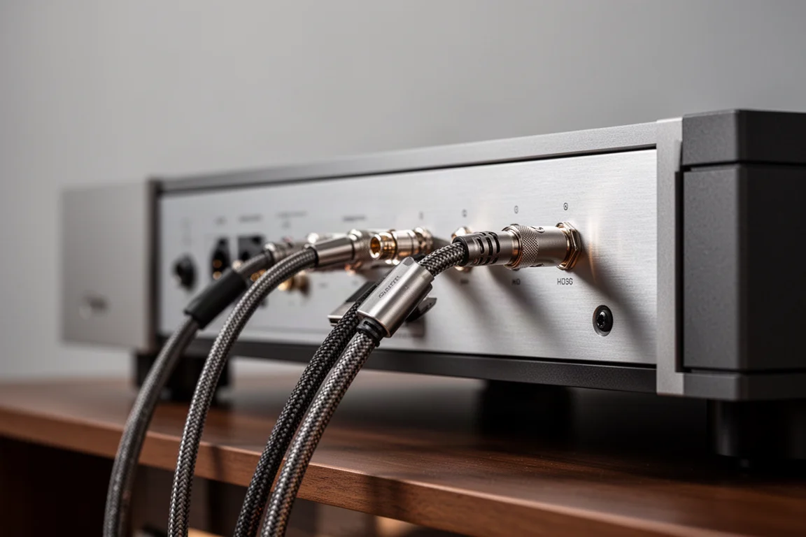 Digital audio cables curving away from the rear panel of a hi-fi component