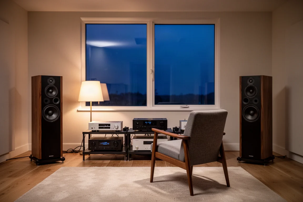 Listening room at dusk with floorstanding speakers and an empty armchair