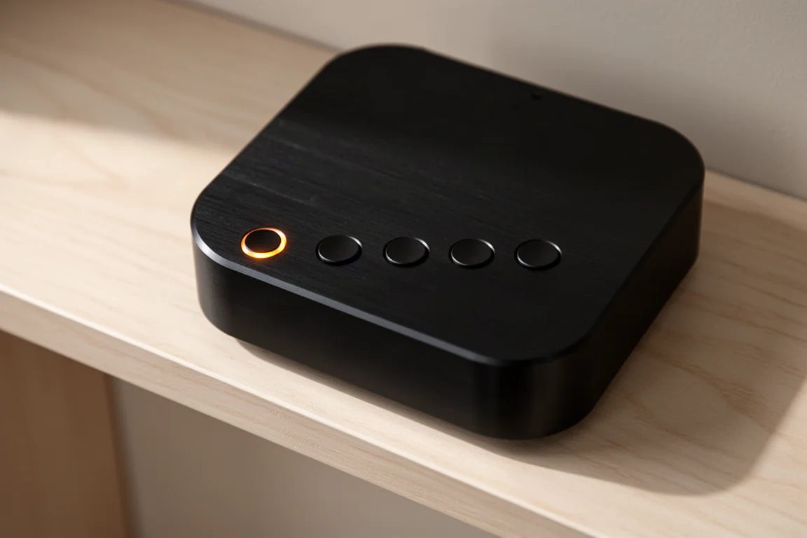 Top panel of a compact audio component with round buttons and an amber indicator