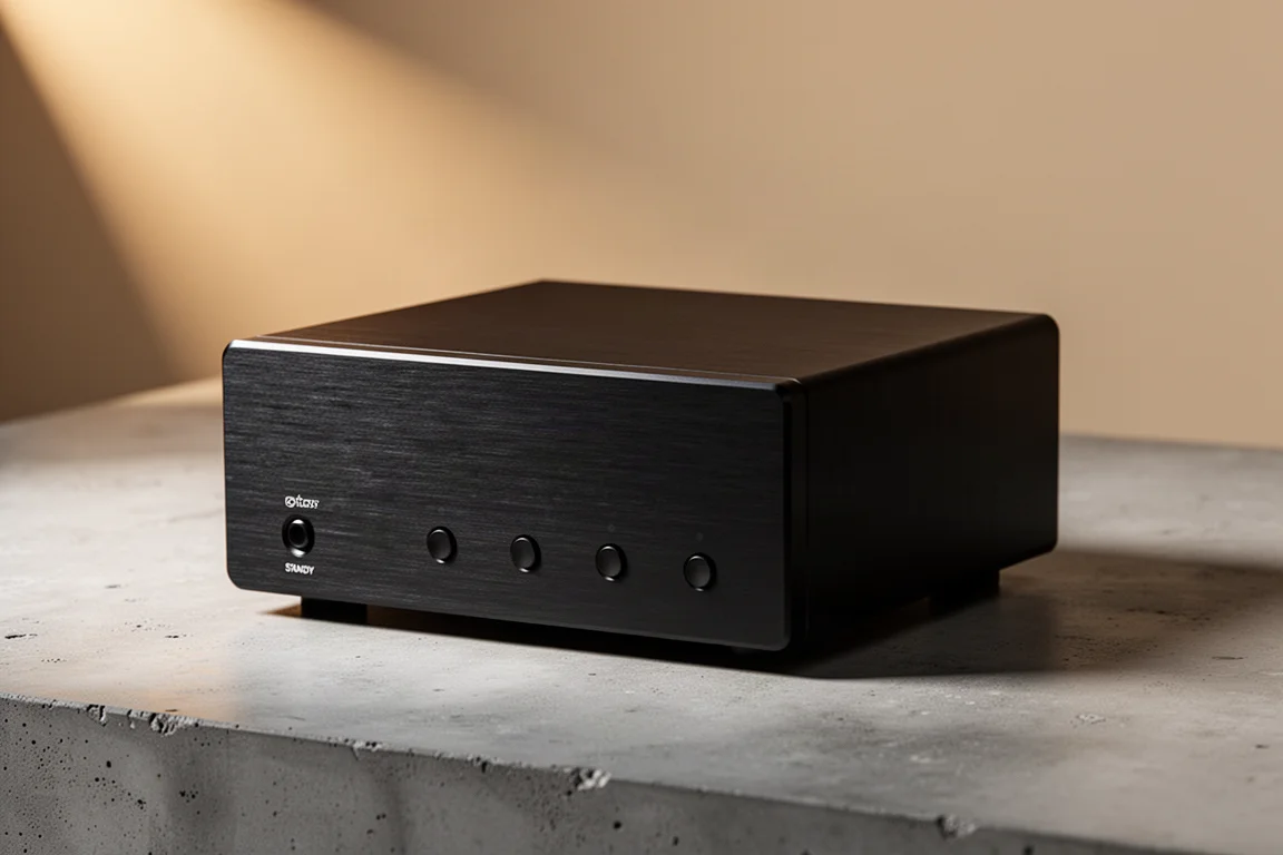Compact black R-2R digital-to-analog converter on a matte concrete surface
