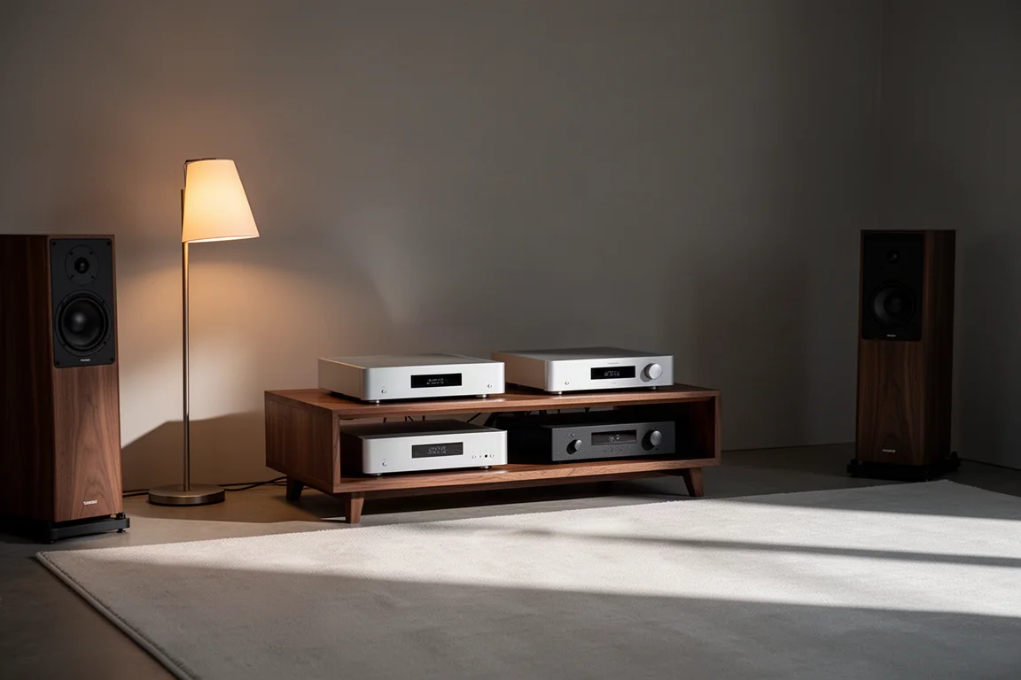 Rack de alta fidelidad con un convertidor y un amplificador en una sala de escucha con luz suave