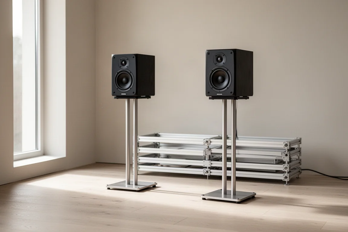 Altavoces de estantería y rack de alta fidelidad en una sala de escucha minimalista