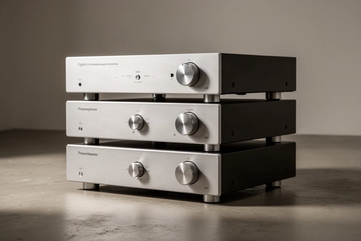 Three slim aluminium hi-fi separates on a rack in a neutral studio setting