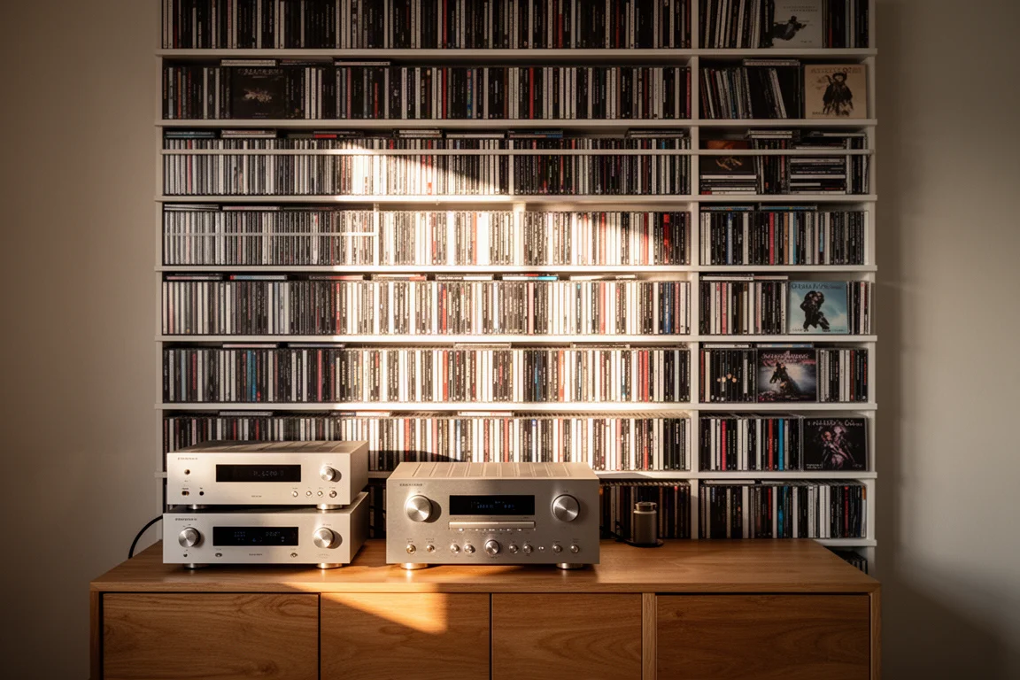 Hylla med CD-skivor bredvid ett kompakt hi-fi-system i ett svagt upplyst lyssningsrum
