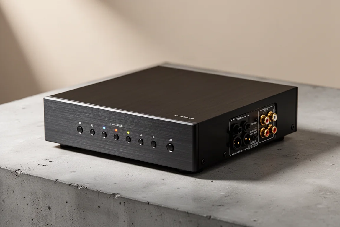 Compact aluminium digital-to-analog converter on a matte concrete surface in soft studio light
