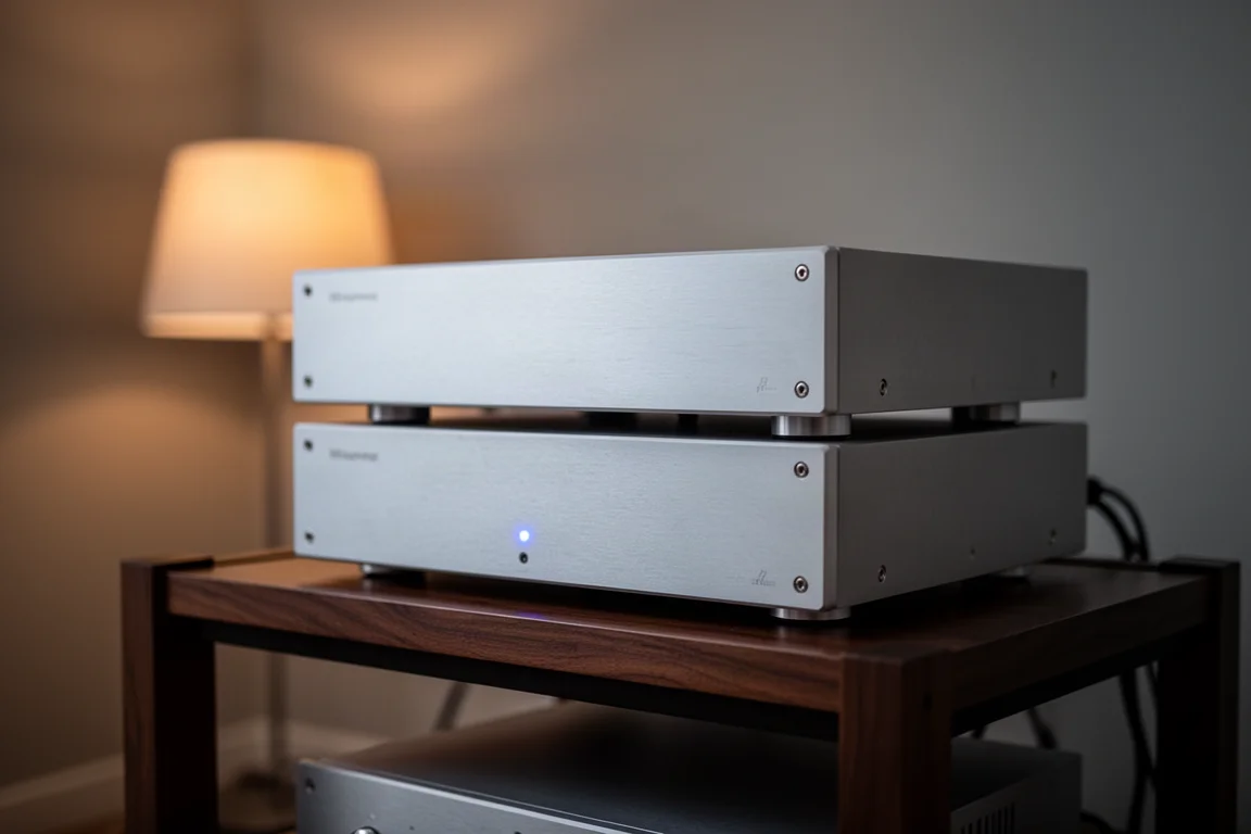 Twee geborsteld aluminium versterkerchassis gestapeld op een donker houten hifi-rack bij schemering