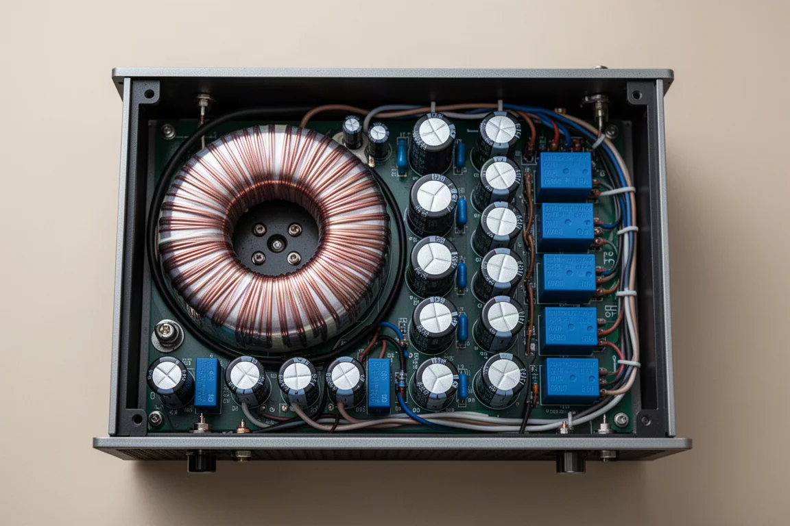 Interieur van een gebalanceerde versterkerprintplaat met transformator en condensatoren