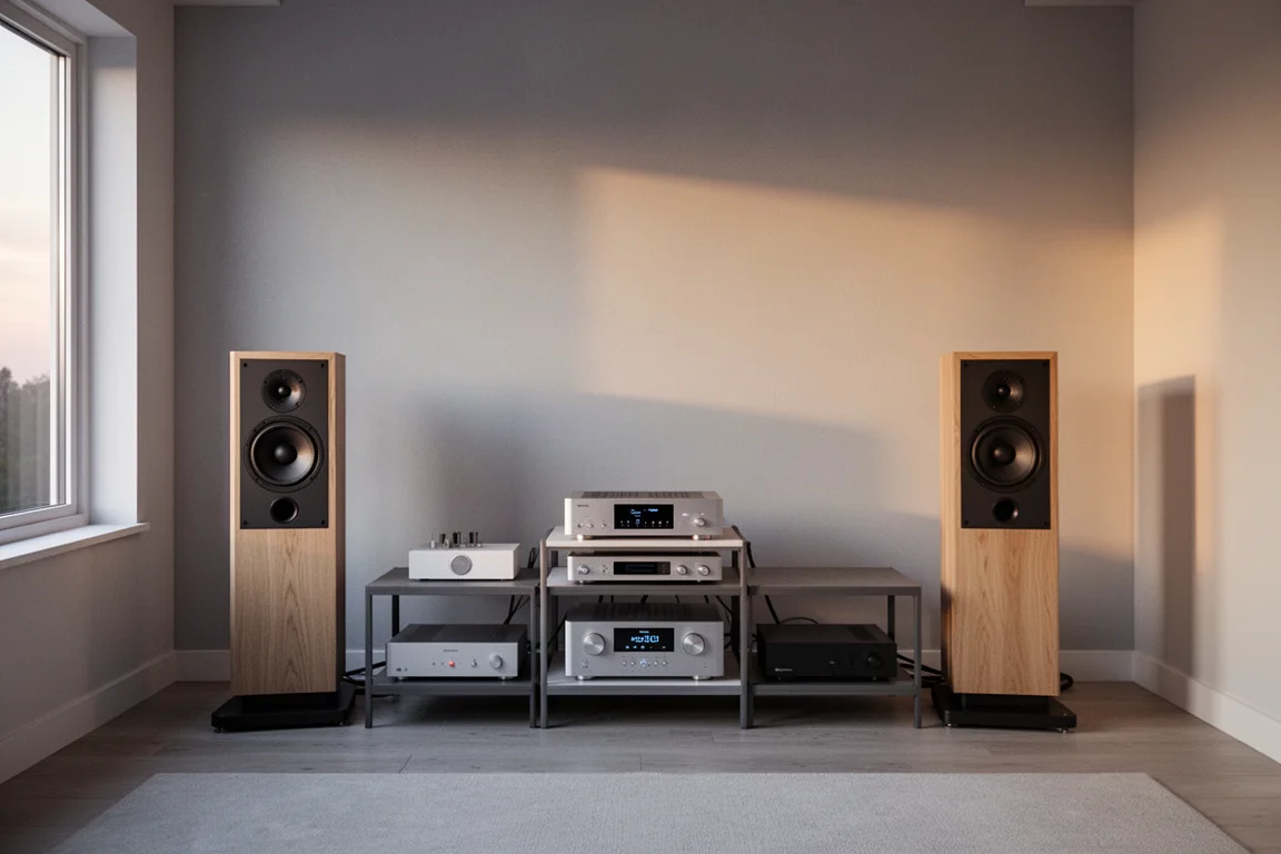 Op stands gemonteerde speakers in een bescheiden luisterruimte met een gloeiende versterker ertussen