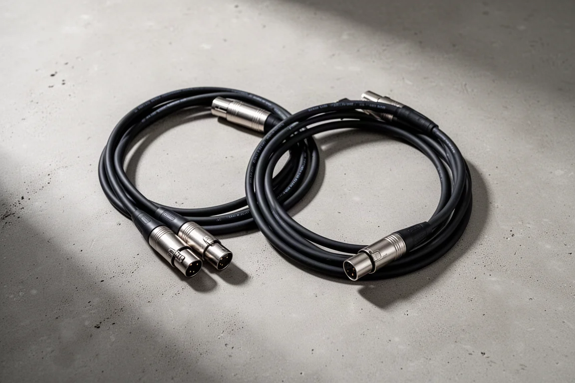 Gebalanceerde XLR-interconnectkabels opgerold op een betonnen oppervlak