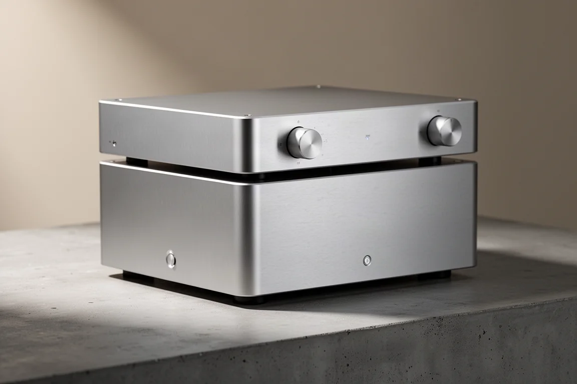 Stacked brushed silver aluminium preamplifier and power amplifier on a concrete surface