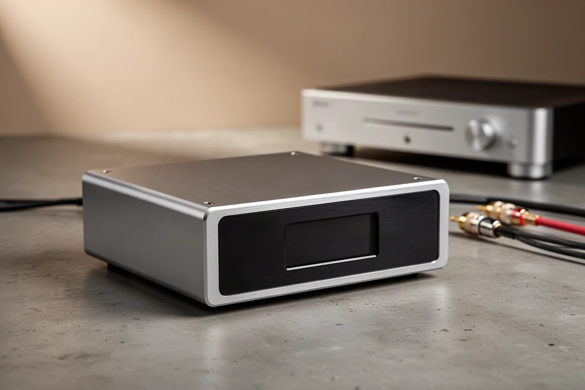 Compact aluminium audio converter on a concrete surface with a transport blurred behind it