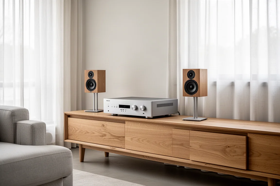 Système hi-fi compact avec amplificateur et enceintes bibliothèque dans un salon lumineux