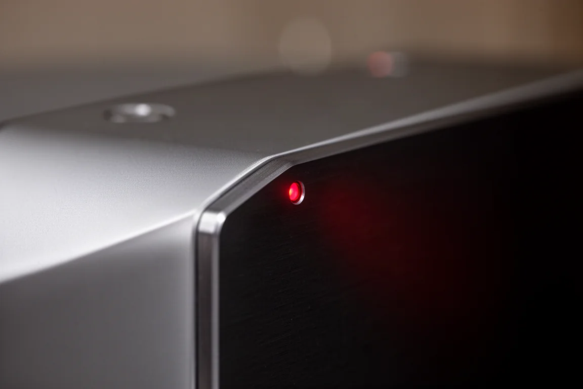Gros plan sur un témoin lumineux rouge sur une façade hi-fi en aluminium brossé