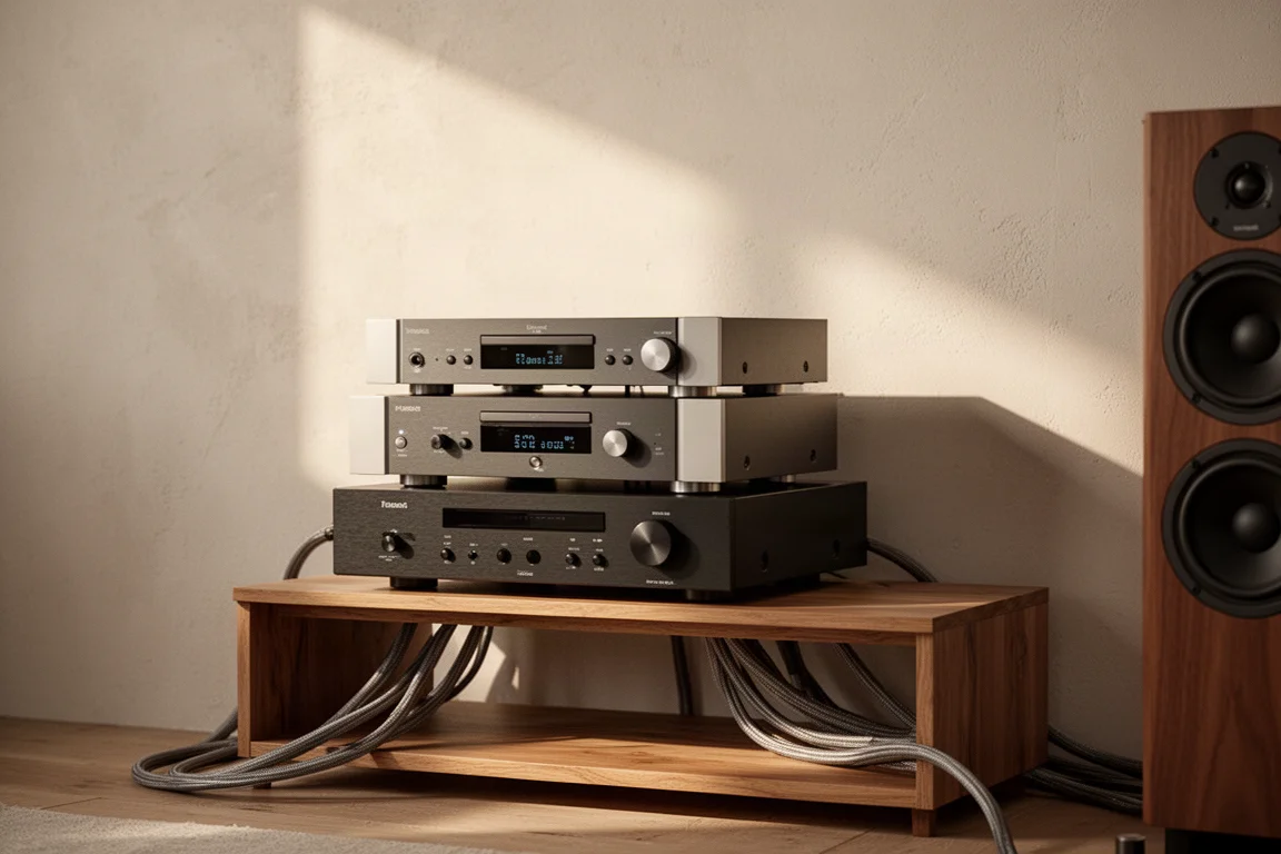 Éléments hi-fi séparés sur une étagère en bois avec câbles d'enceintes dans une pièce ensoleillée
