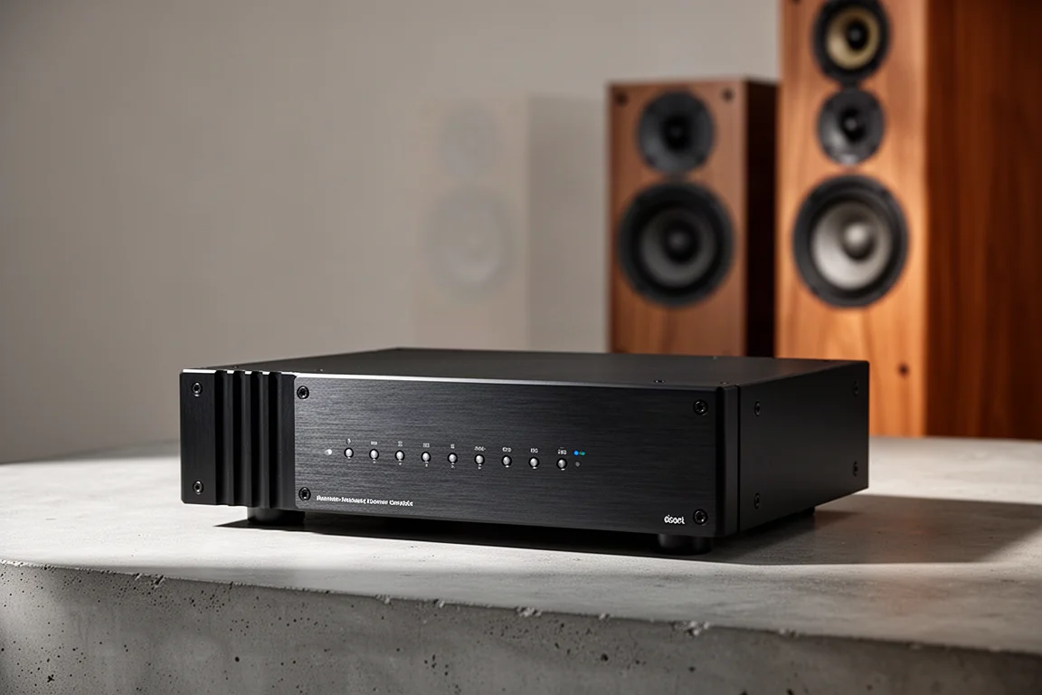 Black aluminium digital-to-analogue converter on concrete with speakers behind