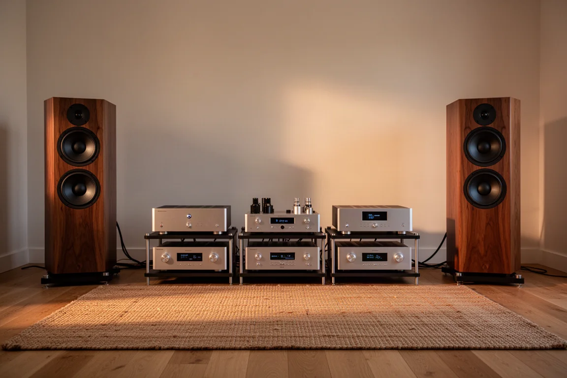 Stanza di ascolto hi-fi con diffusori da pavimento, rack di amplificatori e luce calda delle lampade serali