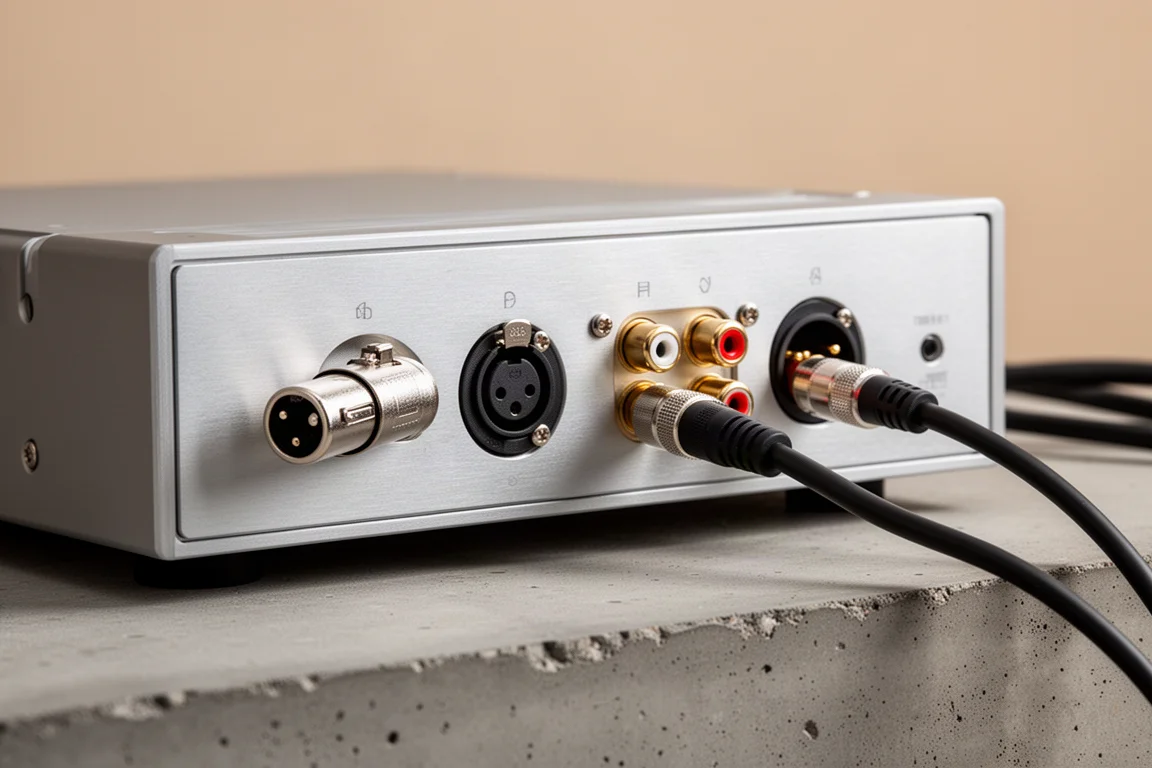 Cavi XLR bilanciati e RCA collegati al pannello posteriore di un componente hi-fi