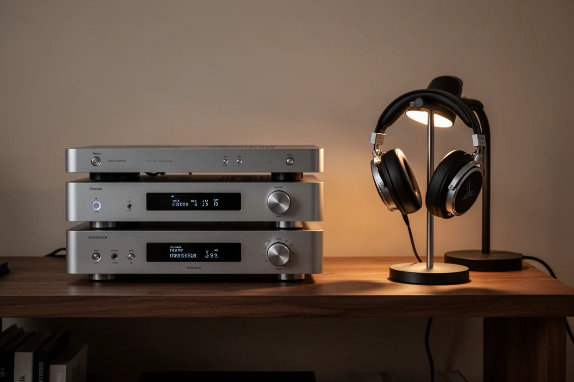 Sistema di ascolto serale con componenti hi-fi, cuffie aperte su un supporto e luce calda soffusa