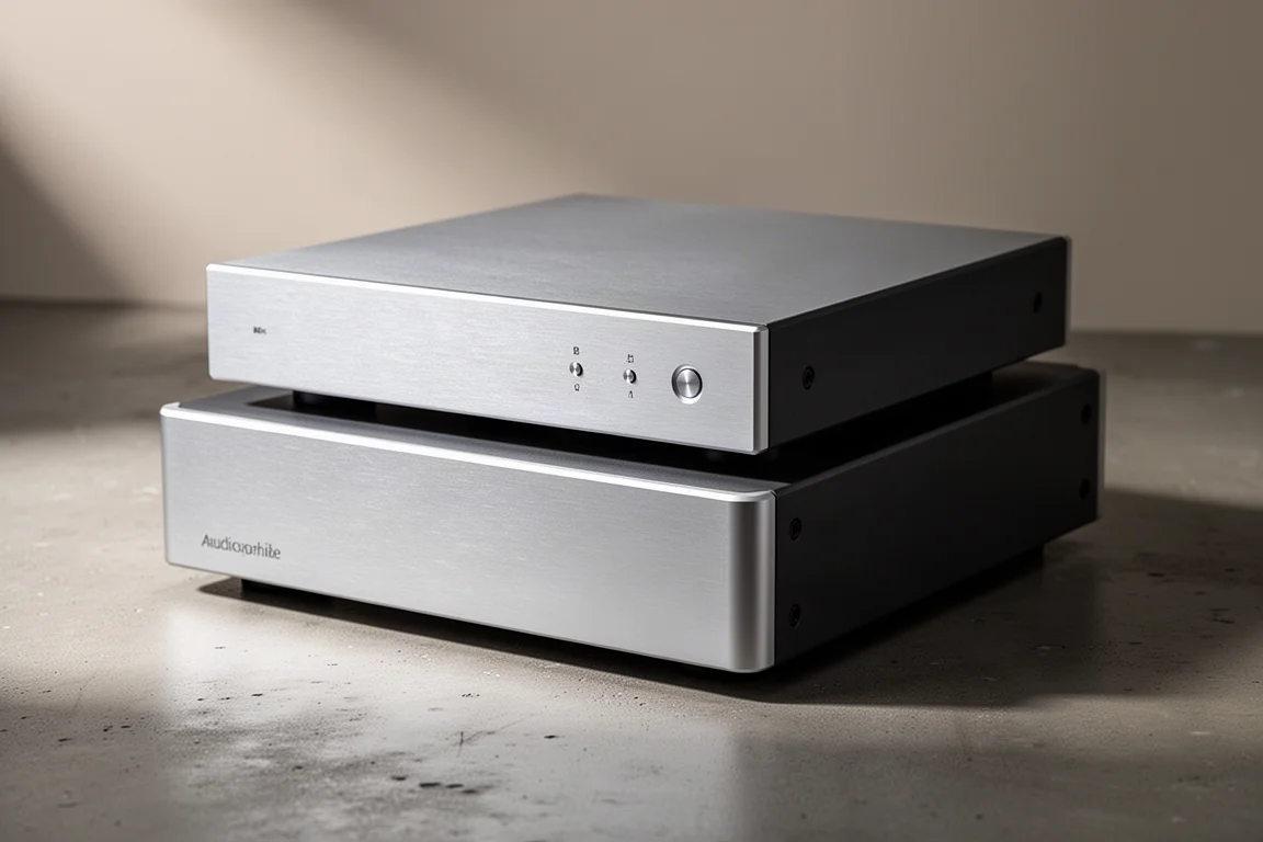 Two-box brushed aluminium digital-to-analog converter on a matte concrete surface
