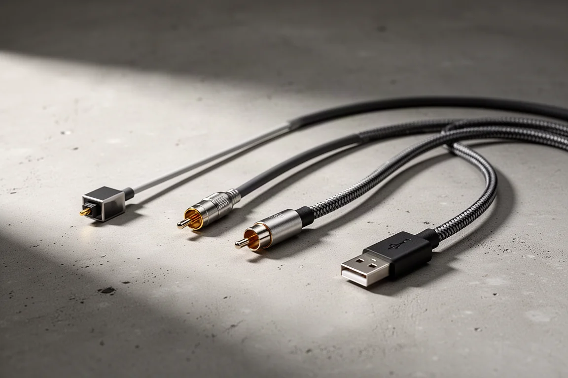 Disposizione piatta di cavi audio digitali tra cui ottico, coassiale e USB intrecciato su una superficie in cemento