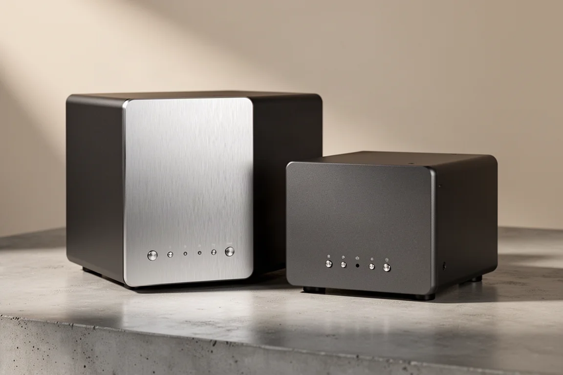 Two desktop R2R digital-to-analog converters side by side on a matte concrete surface
