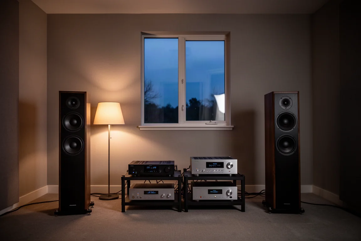 Sala de escucha con luz tenue al atardecer, con altavoces de suelo y luz cálida de lámpara