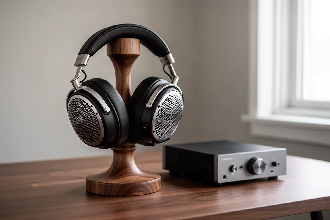 Auriculares magnéticos planares de tipo abierto sobre un soporte de madera junto a un amplificador