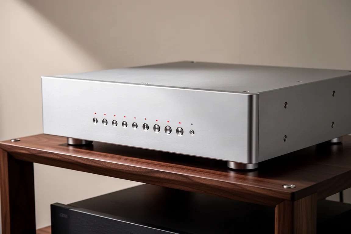 Brushed silver Denafrips Terminator 2 DAC on a walnut hi-fi rack shelf in soft studio light