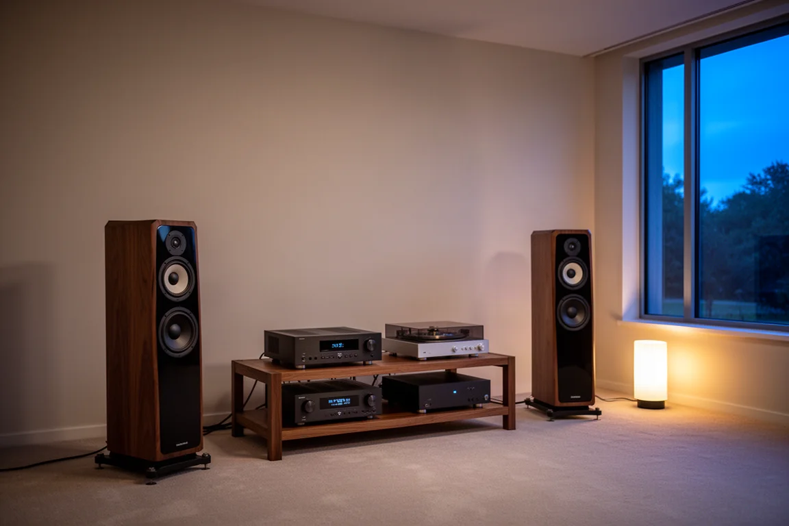 Modernt lyssningsrum i skymningen med golvhögtalare och ett hi-fi-rack