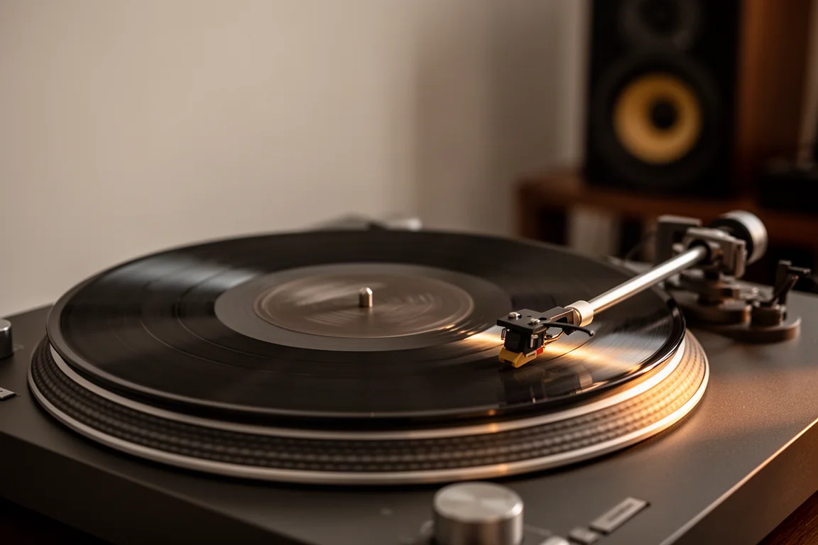 Vinylskiva som snurrar på en skivspelare under en kvällslyssningssession